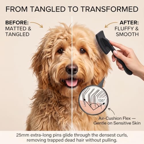 Image of 3 PCS Long Pin Wooden Slicker Brush and Comb Set for Dogs, Large | Dog Grooming Brush kits for Poodles, Goldendoodles & Golden Retrievers, Daily Detangling to Prevent Matting. Black