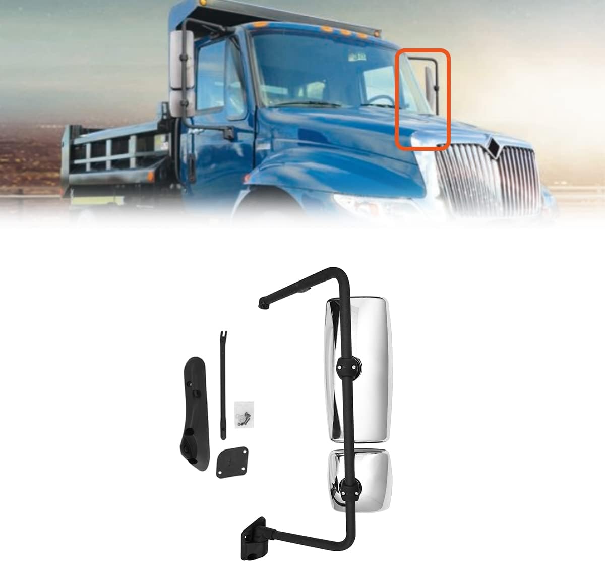 Chrome Door Main Mirror Assembly for INTERNATIONAL 4300 Side Mirror Assembly with Arm for INTERNATIONAL 4400 7400 7600 8500 8600 Durastar Workstar Transtar Prostar Lonestar Truck (Left side)