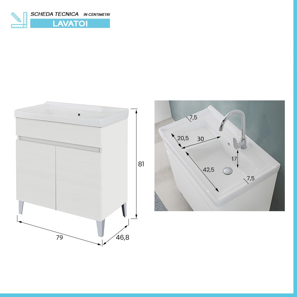 Mobile Lavatoio 79x46,8 Cm Bianco Frassinato Con Vasca In Ceramica Dotata Di Zona Strofinatoio, Struttura Già Montata In Legno Nobilitato Con 2 Ante Apribili A Gola