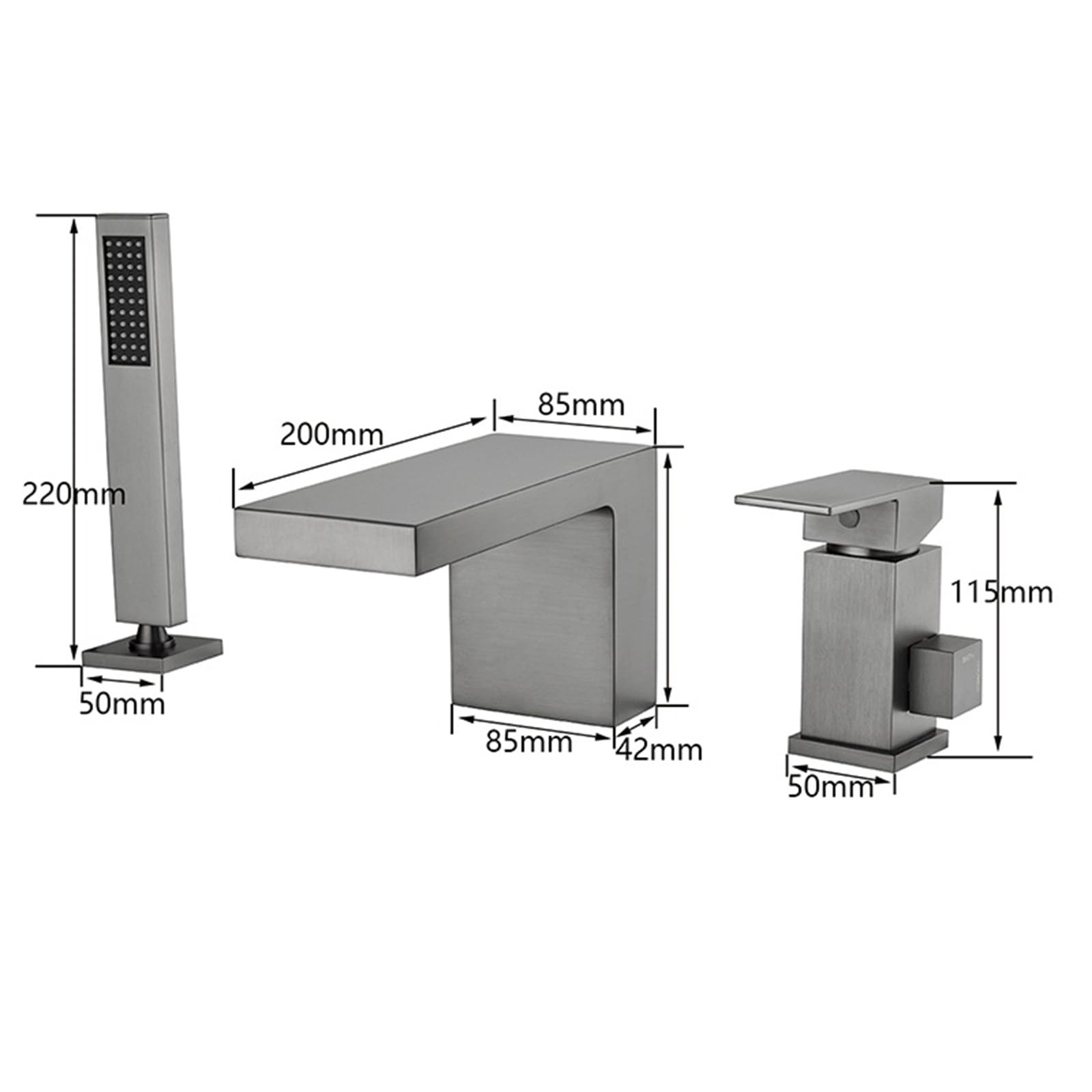 Grifo Mezclador de Bañera Y Ducha con Efecto Cascada 3 Orificios para Montaje En Cubierta Monomando Gris