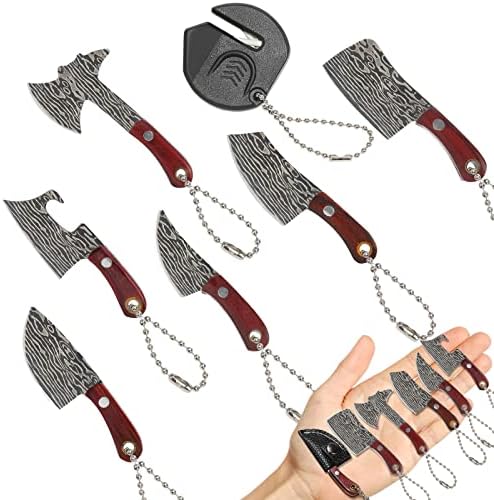 Damascus Pocket Knife Set Mini Knife with Sheath, Chef Knife EDC Knives Small Knife Cleaver, Package Opener, Box Cutter, Bottle Opener Keychain Tiny Things with Pocket Knife Sharpener - Set of 7