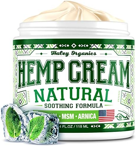 Haley Organics Hemp Cream - Made in USA - Natural Hemp Oil Extract Cream - for Discomfort in Knees, Back, Elbow and Joint - Muscle Cream infused with Arnica Extract oil, MSM and Menthol - 4 Fl Oz