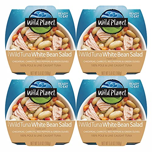 Image of Wild Planet Ready-To-Eat Wild Tuna White Bean Salad, 5.6 Oz, Pack of 9 | White Bean Salad With Organic Chickpeas, Carrots, Red Peppers & Green Olives. Non-GMO, Gluten Free, Kosher, Dairy Free