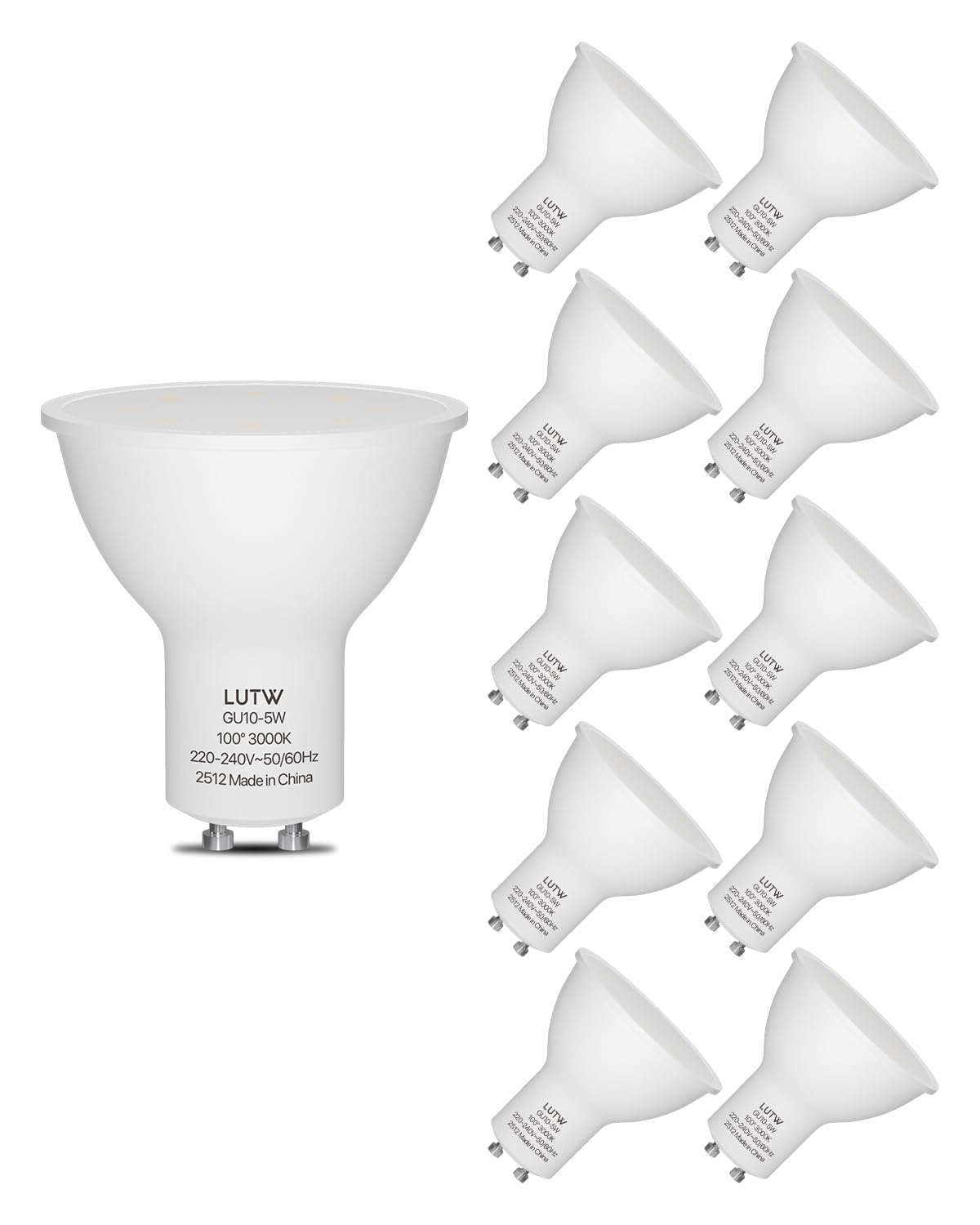 LUTW GU10 LED Bulbs Warm White 3000K, LED Spotlight Bulbs 5W Equivalent to 40W Halogen Bulb, 510LM MR16 LED Bulbs 100° Beam Angle, Energy Saving, Non-Dimmable, No Flickering, Pack of 10