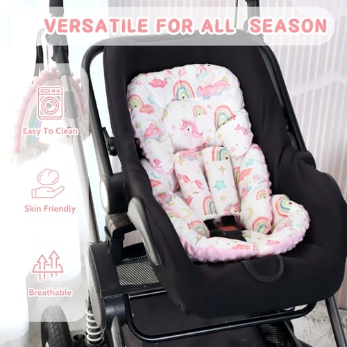 Image of Pea Pod Infant Car Seat Insert with Strap Covers, All in One Reversible Baby Car Seat Head Support for Newborn, 3D Soft Minky Carseat Cushion for Preemie to Infant, Stroller, Swing, Bouncer, Unicorn