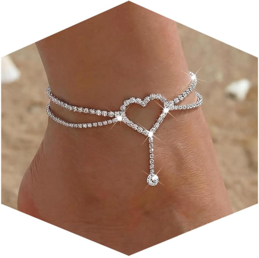Silver Ankle Bracelets for Women, Adjustable Rhinestone Pendant Tennis Anklet, Butterfly Heart Infinite Diamond Summer Beach Foot Chain Jewelry Gifts
