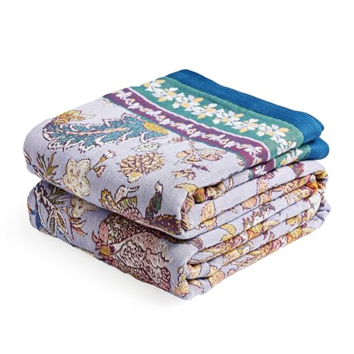 Boho Throw Blanket 60" x 80", 100% Organic Cotton Breathable Ultra Soft Bed Purple Quilt Throw - All Season Luxury Floral Farmhouse Decor Blanket for Sofa Couch Chair and Gift.