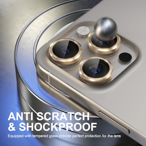 Image of Choiche Compatible for iPhone 15 Pro /iPhone 15 Pro Max Camera Lens Protector, 9H Tempered Glass Camera Cover Screen Protector Metal Ring Decoration Accessories (Gold)