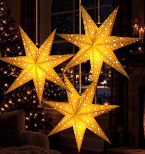 Image of HOUISM Paper Star Lanterns, Christmas Star Lights, Hanging Decorations 3PCS