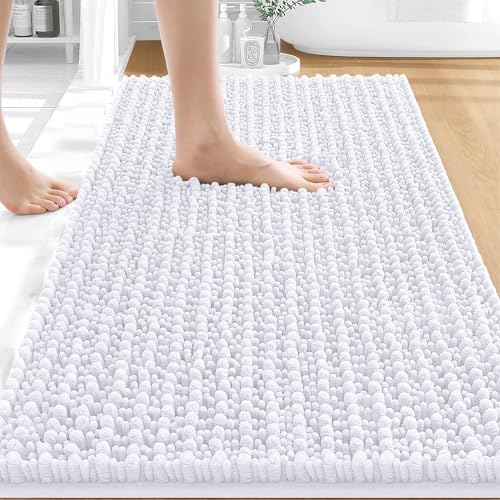 Image of OLANLY Bathroom Rug Mat 30x20, Thick Soft and Absorbent Chenille Bath Mat, Non-Slip Rubber Backing, Machine Washable Quick Dry Bath Rugs for Tub Shower Floor, Home Decor Accessories, White
