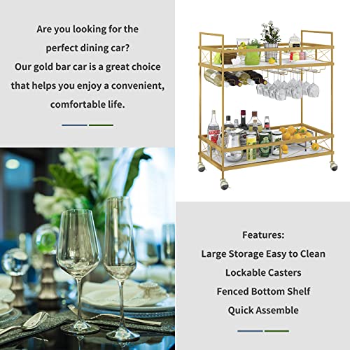 Oiog Gold Bar Cart With Wine Rack And Glass Holder, 2-Tier Home Bar Serving Cart With Marble Shelves, Modern Wine Cart For Kitchen And Dining Room #TOP5