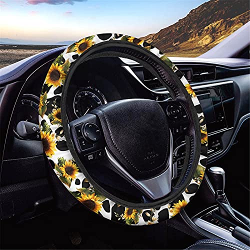 Jeocody Sunflower Cow 1 Car Steering Wheel Cover + 1 Center Armrest Cover + 2 Seat Belt Shoulder Pads + 2 Car Coasters Absorbent + 1 Gear Shift Knob Cover #TOP1