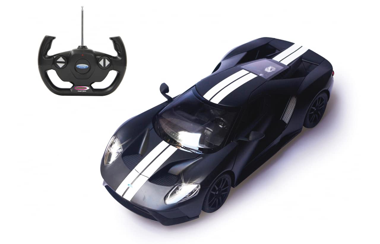 Jamara 405159 – Ford GT 1:14 czarne matowe drzwi ręczne 40 MHz – samochód RC oficjalnie licencjonowany, ok. 1 godzina jazdy, 9 km/h, szczegółowe wnętrze, wysokiej jakości wykonanie, światło LED