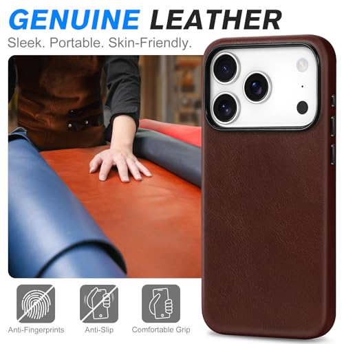 Image of SHIELDON Genuine Leather Case for iPhone 17 Pro 6.3 inch 2025, Retro Coffee | for MagSafe, Magnetic Wireless Charging, Camera Button, Metal Buttons, Camera Bezel, Non-Slip, Shockproof, Anti-Scratch, Slim