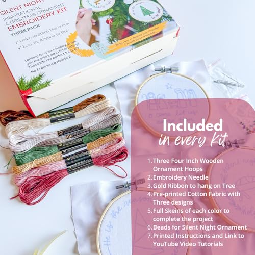 Image of Elly & Grace Christian Embroidery Kit with Embroidery Hoop, Easy Embroidery Kit for Beginners and Adults, Full Embroidery Hoop Kit with Needles and Thread Included (Silent Night)