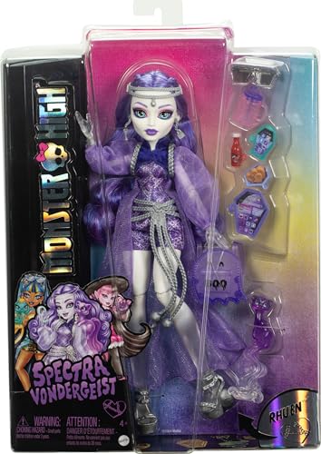 Image of Monster High Spectra Vondergeist Doll | Ghost in Purple Clothes, Includes Pet Ferret Rhuen and 7 Accessories like Backpack, Tablet, Snacks and More