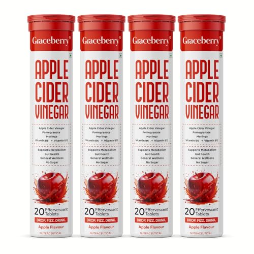 Image of Graceberry Apple Cider Vinegar Effervescent Tablet with Mother- 80 Tablets | 500mg ACV For Metabolism, Weight Management | Pomegranate & Moringa, Vit B6 & B12 | No Added Sugar | Pack of 4