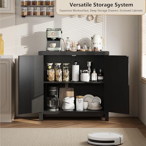 IDEALHOUSE Rattan Buffet Cabinet with Storage, Sideboard with Synthetic Rattan-Accent Doors, Adjustable Shelves, Storage Cabinet for Living Room Dining Room Hallway, Black — view 3