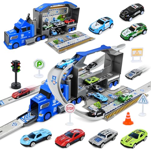 PATEMZON Camiões brinquedo para crianças, camião de transporte de pistas, ejeção pista de corridas camião brinquedo com 8 carros, portátil de corridas, presente para crianças de 3 4 5 6 anos (polícia)