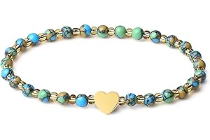Women's Beaded Stretch Bracelets: Handmade Gemstone and Gold Heart Accents