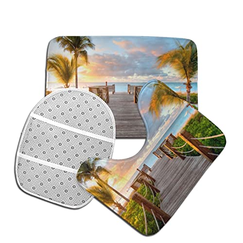 DIRYKILP Badematte + Konturmatte + Toilettendeckelbezug, Palmen Strand Meer Ozean 3 Stück Badematte Set, mit Anti-Rutsch-Klebeboden – Bild 5