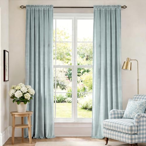 Image of Blackout Misty Blue Velvet Curtains Rod Pocket 52x102 Inch 2 Panels | Soft Velvet, For Bedroom & Living Space, Light Shifting Texture, Elegant Drape, Peaceful, Serene