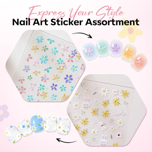 Image of modelones Flower Nail Stickers, 3D Embossed Colorful Floral Daisy Heart Bunny Nails Supplies Flower Nail Art Design for Spring Easter Manicure DIY Nail for Women & Kids 5Pcs