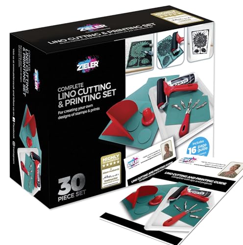 Zieler Complete Lino Cutting & Printing Set (30-Pieces) Ideal for Projects Such as Greeting Cards Stamps & Much More. Includes Starter Booklet!