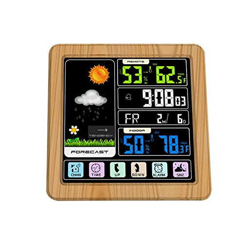 Precise Full Touch Screen Wireless Weather Station Multi-function Color Screen Temperature Hygrometer Seven Languages Digital Temp Meter (Color : Wood grain, Size : One size)