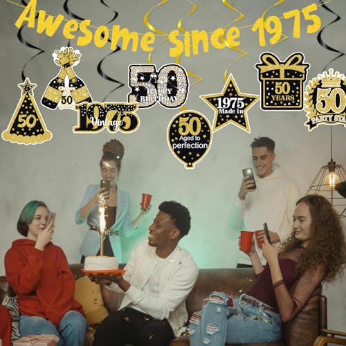 Image of 50th Birthday Decorations for Men Women,Pre-Strung Glitter Gold Vintage Happy 50th Birthday Party Banner,Awesome Since 1975 Hanging Swirls,for 50 Years Old,Anniversary Supplies Ideas
