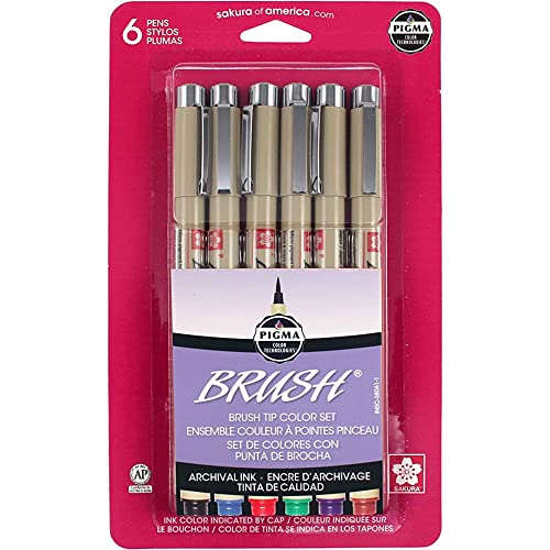 Sakura Pigma Micron Brush Pens - Archival Black And Colored Ink Pens - Pens For Writing, Drawing, Or Journaling - Black And Assorted Colored Ink - Brush Nibs - 6 Pack #TOP13