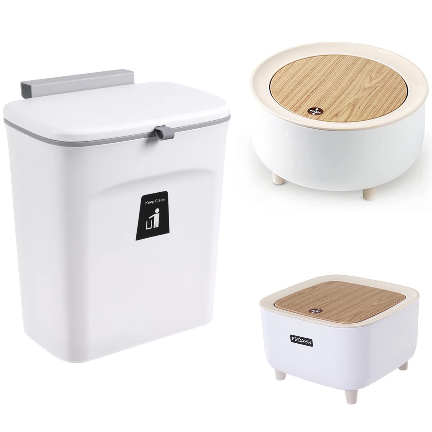 TEEMEITrash Can Set, Kitchen Garbage Artifact, Hanging Trash Can for Kitchen, Wall-mounted Trash Can, Mini Desktop Trash Can, High Foot Design with Non-slip Mat, Household Trash Can Set (White)