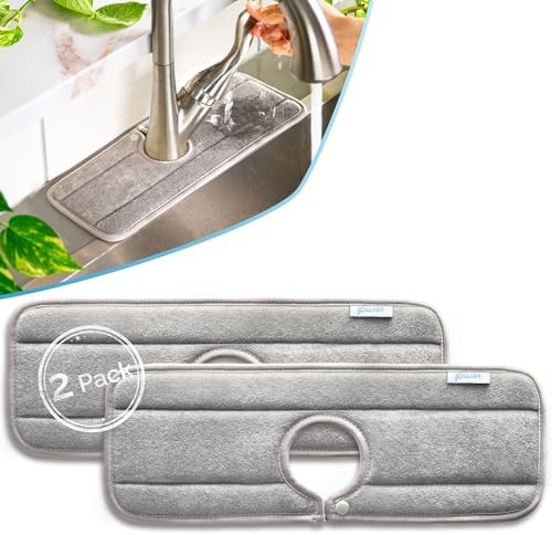 Ternal Sinkmat for Kitchen Faucet, Original Design, Absorbent Microfiber Fabric, Machine Washable Splash Guard & Drip Catcher For Around Faucet Handle [2 Pack] (Gray, Standard 15in)