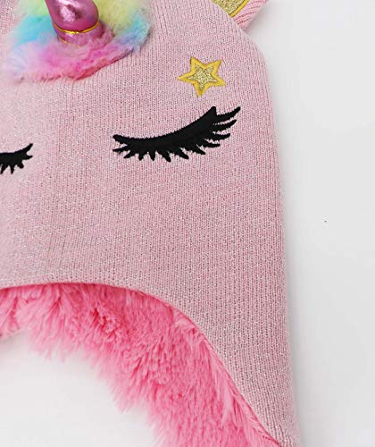 Kids Girls Winter Unicorn Beanie Hat Shining Glitter Knitted Earflap Fleece Lined Cap Toddler Little Girls Pink #TOP5