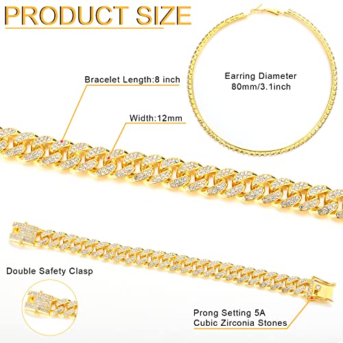 Cuban Link Chain Necklace Bracelet Rhinestone Hoop Earrings Set Bling Necklace Bracelet Crystal Big Circle Earrings For Girls (Gold, 20 Inch) #TOP2