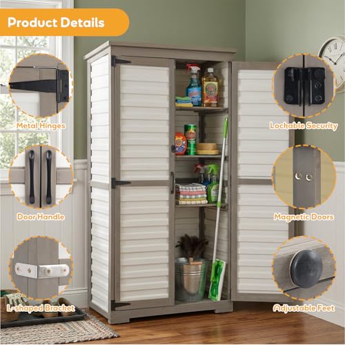 Image of PetsCosset Outdoor Storage Cabinet with Shelves, Wood & Plastic Garden Shed, Weatherproof Outside Tool Cabinet for Patio, Backyard, Pool