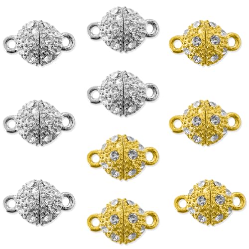 HAIKING Rhinestone Magnetic Clasps, 10 PCS Golden & Silver Jewelry Magnetic Buckle for Bracelet, Necklace (10 mm)