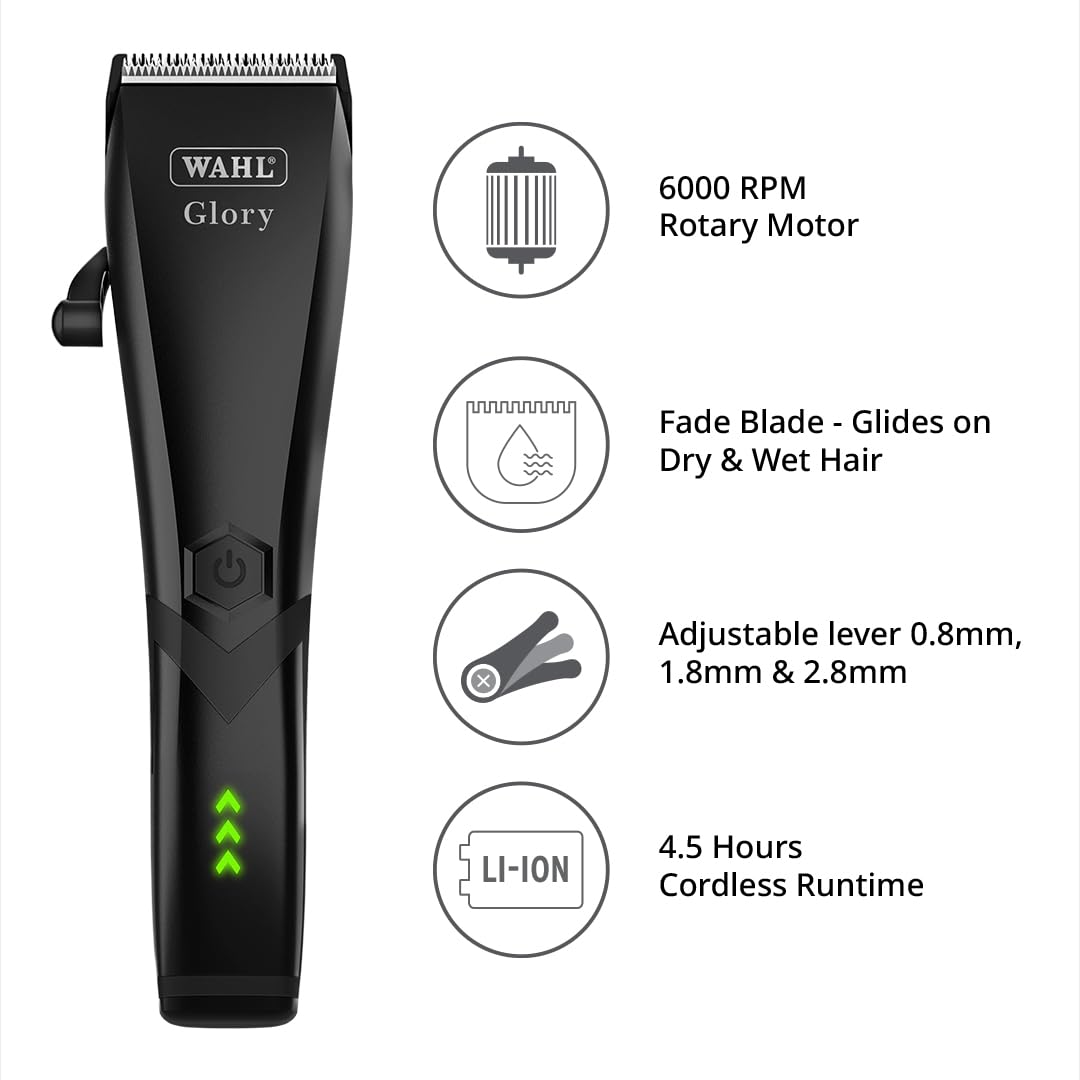 Wahl Glory Professional Clipper, Cord/Cordless Operation, 6000 RPM Powerful Motor, Patented Blade with Integrated Adjustable Lever, Lightweight, Smart LED Indicator, 4.5 Hours Runtime, 2 Years Warranty, 02211-024