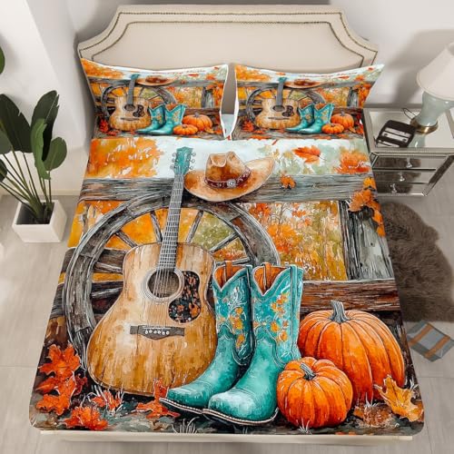 Rustic Cowboy Fitted Sheet Twin Size Guitar Western Boots Bedding Set 2Pcs(No Flat Sheet) Country Music Bed Sheet for Boys Teens Room Decor Fall Maple Leaves Pumpking Deep Pocket Sheet
