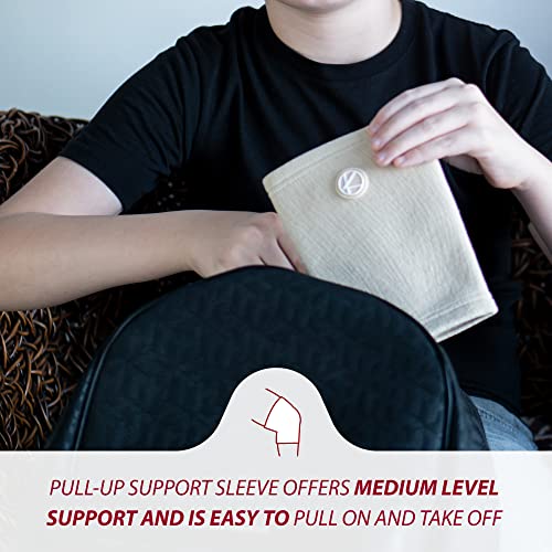 Image of KARM Kids Knee Brace Sleeve - Youth Knee Compression Sleeve for Kids, Child - Support for Pain, Sports, Football, Basketball, Gymnastics, Recovery, Boys & Girls (Beige) (Pack of 2)