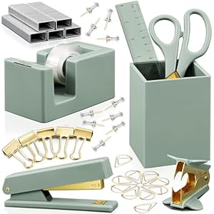 Aesthetic Desk Accessories Set – A Complete Desktop Organizer Set For Women Enhances Any Office Decor – An Office Supplies Kit w Gold Finish incl. Pen Holder, Scissors, Stapler, Tape Dispenser & More