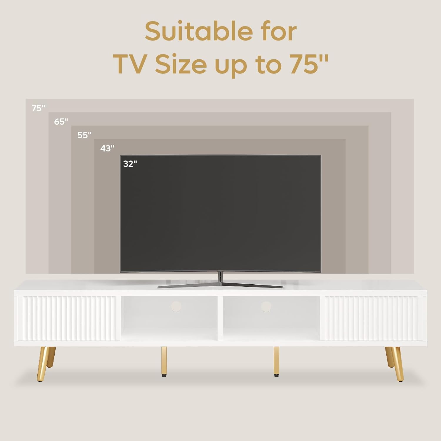 Bestier TV Stand for 75/80 inch TV, Low TV Stand with Fluted Sliding Doors, High Gloss Entertainment Center with Storage for Living Room, Cord Management, White and Gold