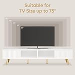 Bestier 70 inch High Gloss TV Stand for 75 inch TV, Modern TV Stand with Storage, Media Console with Fluted Sliding Doors, Entertainment Center for Living Room, Cord Management, Bright White