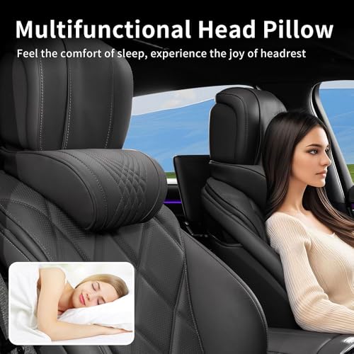 Dapucarin Nackenkissen Auto Kopfstütze Weichheit Kissen zum Fahren mit Verstellbarem Riemen, 100% Memory Foam und Atmungsaktiver Abnehmbarer Abdeckung, Schwarz, 2 Stück