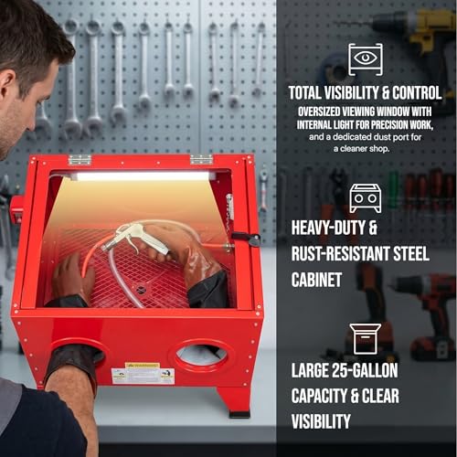Image of 25 Gallon Bench Top Air Sandblasting Cabinet | Heavy Duty Steel, Sand Blaster with Blasting Gun & 4 Nozzles, 40-80 PSI, Portable, For Paint, Rust, Stain Removal