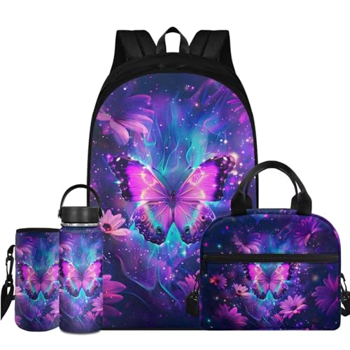 Purple Butterfly Girl Backpack and Lunch Box Set 17 Inch Large Capacity Easy Clean Lightweight Children Kids Water Bottle Stainless Steel Kids Water Bottle Holder for Backpack 4 Piece
