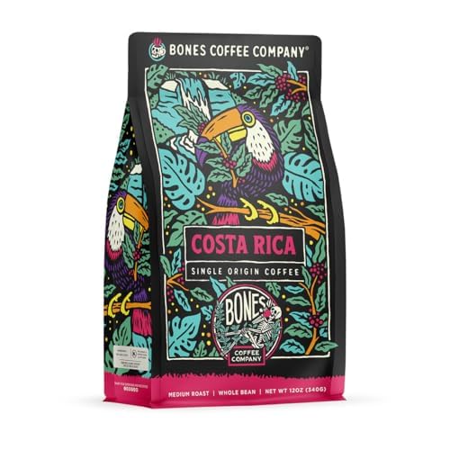 Bones Coffee Company - Café Costa Rica Single-Origin, café gourmet tostado medio bajo en ácido, café aromatizado, regalos y bebidas, 355 gr (molido)