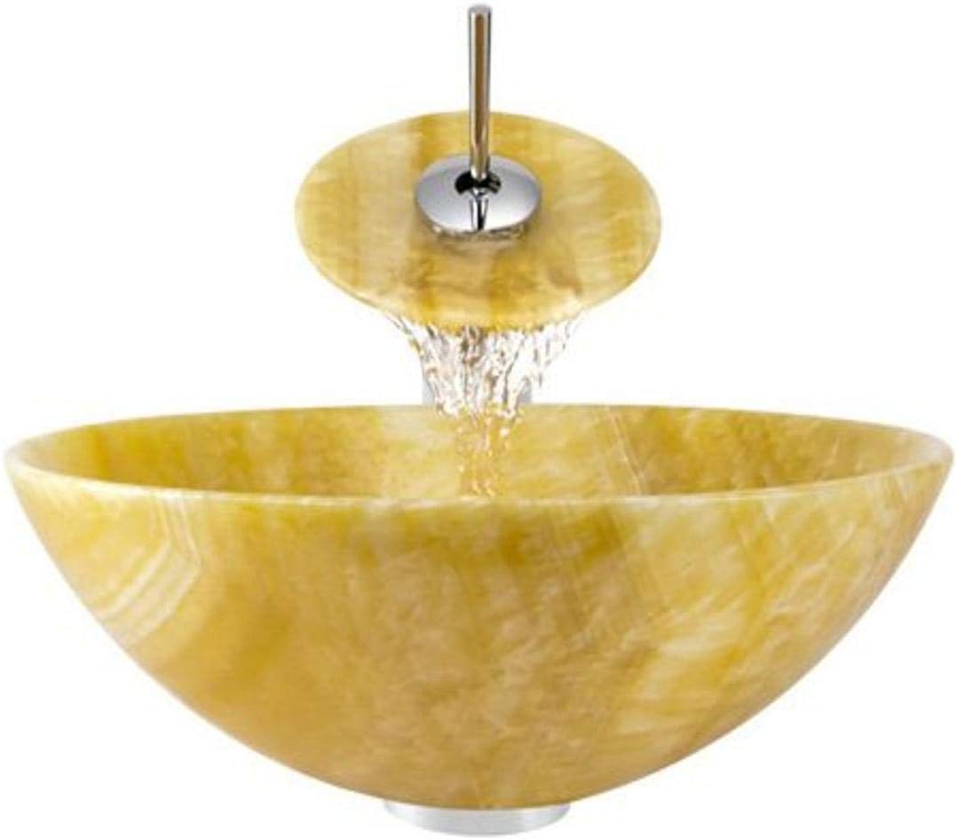 Aurora Sinks S04-C-G Bathroom Ensemble with Grid Drain, Honey Onyx Vessel, Sink, Ring and Waterfall Faucet, Chrome