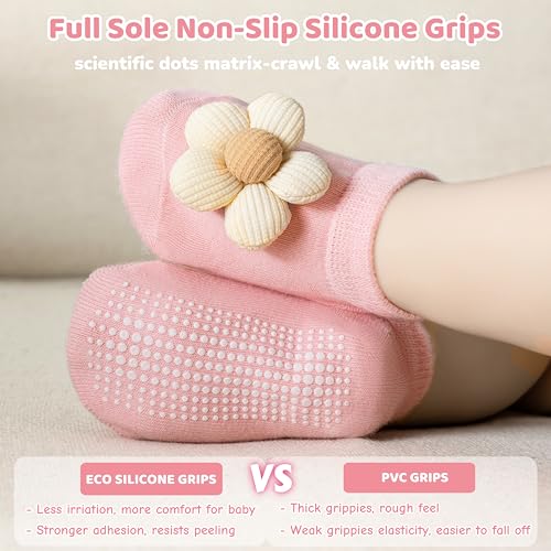 Baby Girl Socks with Non-Slip, Cute Flower Grippy Design Toddler Ankle Socks Gift for Newborn Babies Infants 4 Pairs2