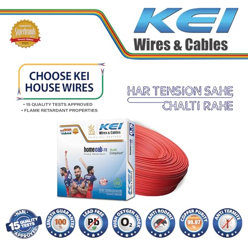 Image of KEI WIRES & CABLES Homecab 0.5 sqmm 1 Core Copper Flame Retardant House Wire PVC Insulated Cable for Domestic & Industrial Electrical Wiring (Red, 90 Meters)